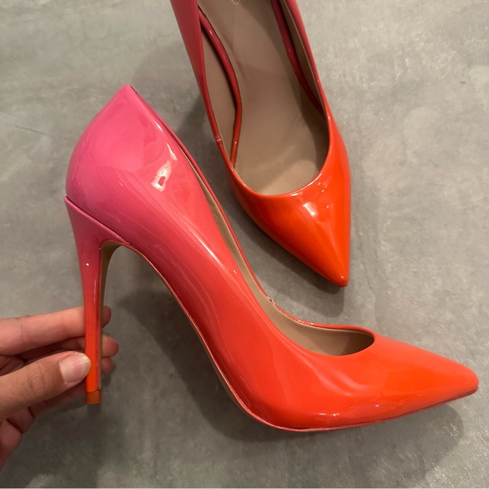 Aldo Pump Bright Pink + Orange Ombre Heels Shiny Patent Heels Pointy Toe 6.5